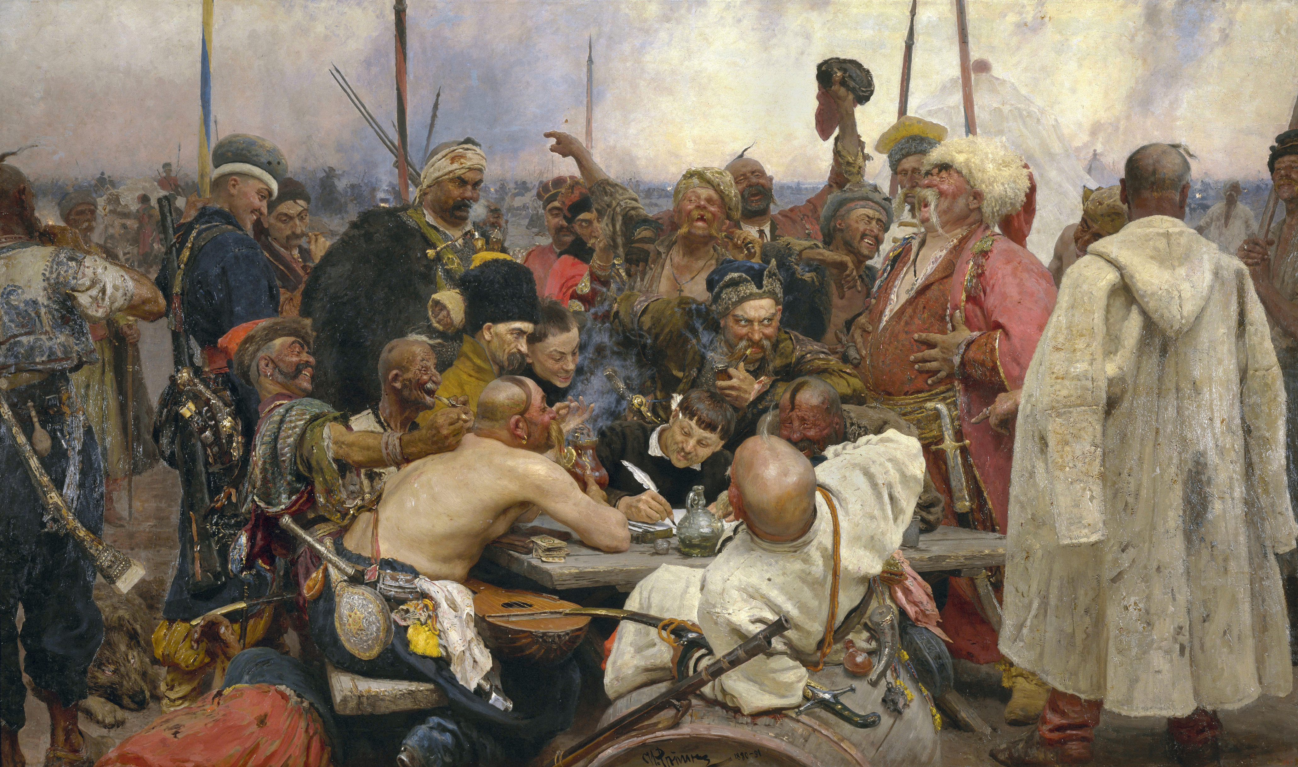 The Zaparozhye Cossacks Writing a Mocking Letter to the Turkish Sultan 
*oil on canvas 
*358 × 203 cm 
*signed b.c.: И.Репин 1880-91